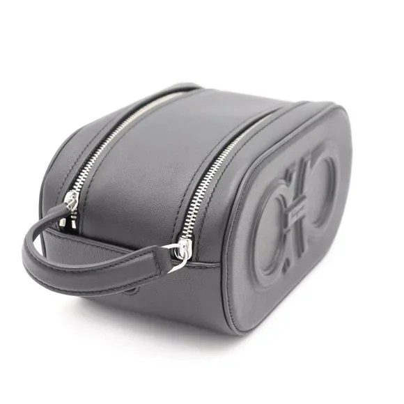 NWT Salvatore Ferragamo Men's Black Leather Double Gancio Dopp Kit Toiletry Bag - Picture 2 of 7